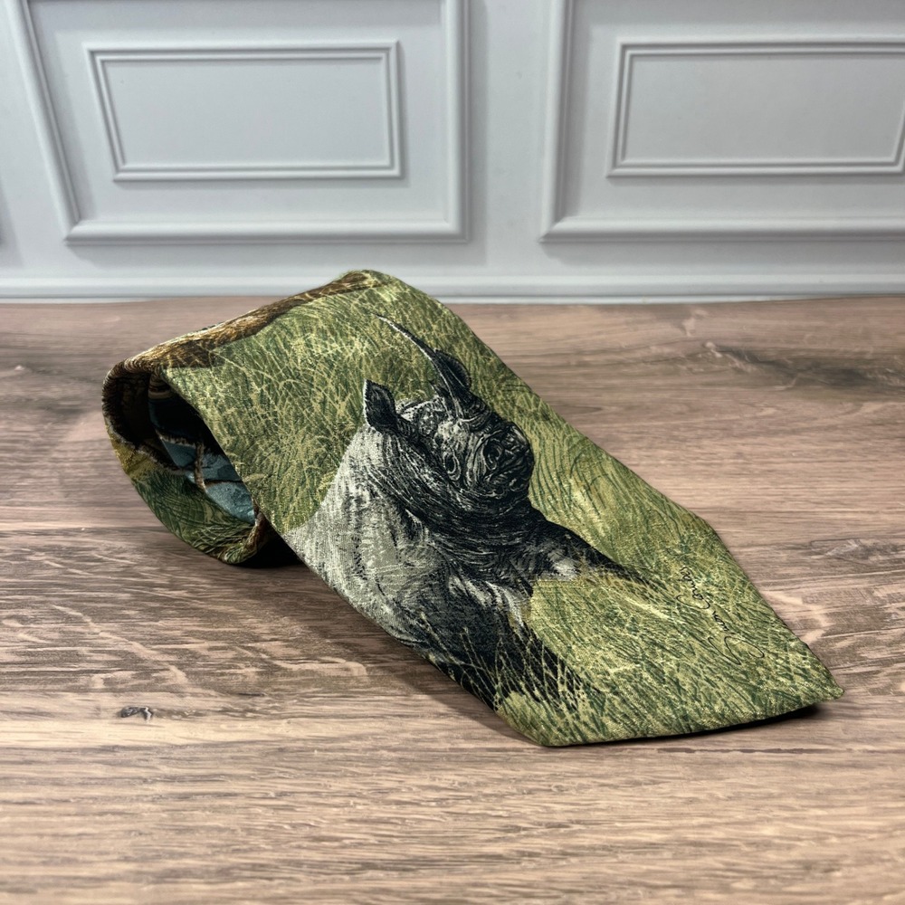 Endangered Species Tie Mens Green Black Rhinos Simon Combes Silk 1995 Vintage